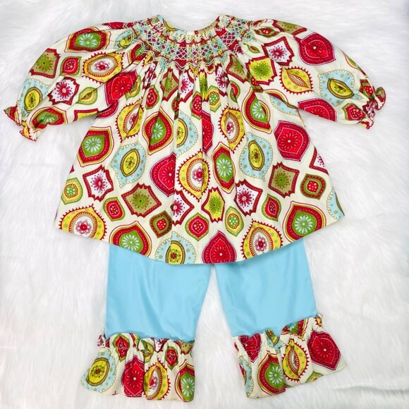 Le Za Me Funky Winter Print Smocked Top + Ruffle Pants Matching Set Outfit 24m - Picture 7 of 7